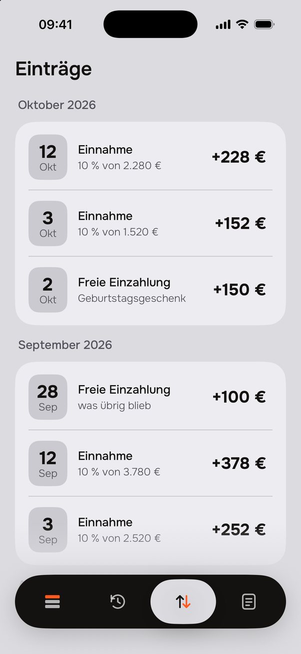 Einträge aus Oktober und September, nach Monaten geordnet: Einnahmen, eine freie Einzahlung und eine Entnahme.