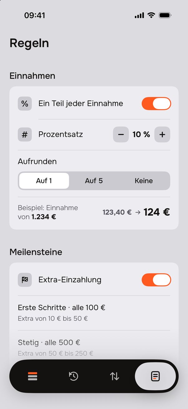 Regeln: Einnahmen mit Ein Teil jeder Einnahme, Prozentsatz 10&nbsp;% und Aufrunden (Beispiel: 1.234&nbsp;€ → 124&nbsp;€), dann die Meilensteine.