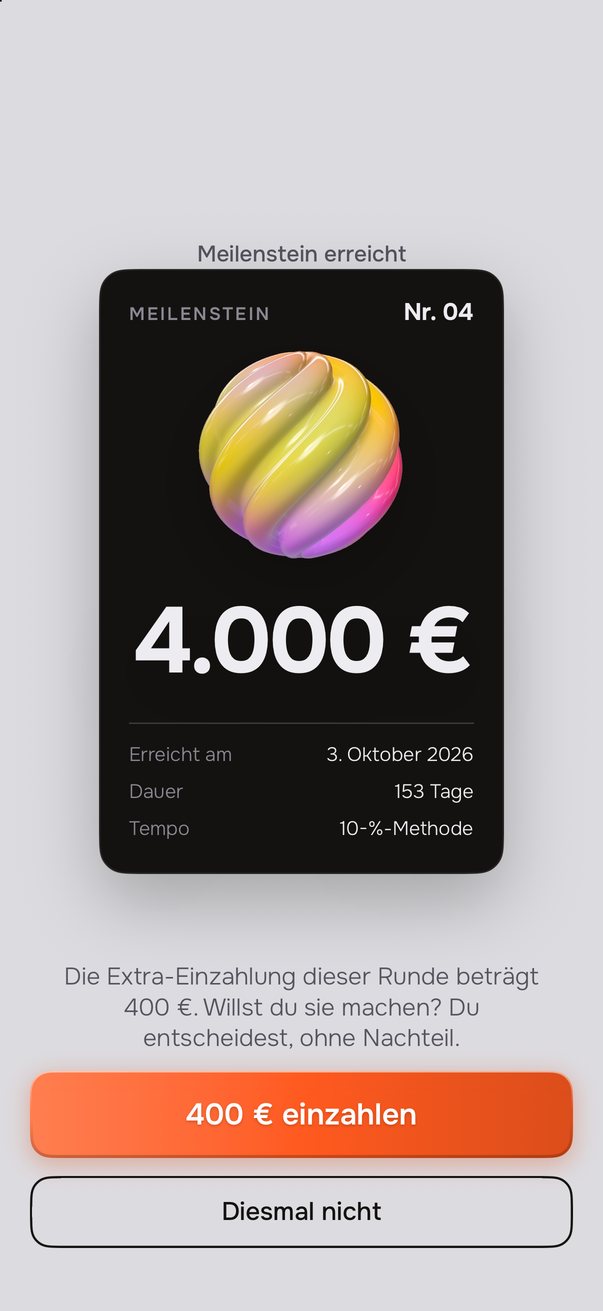 Meilenstein erreicht: Karte Nr. 04 über 4.000&nbsp;€, vorgeschlagene Extra-Einzahlung 400&nbsp;€.