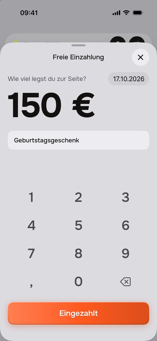 Freie Einzahlung von 150&nbsp;€ mit der Notiz „Geburtstagsgeschenk“.