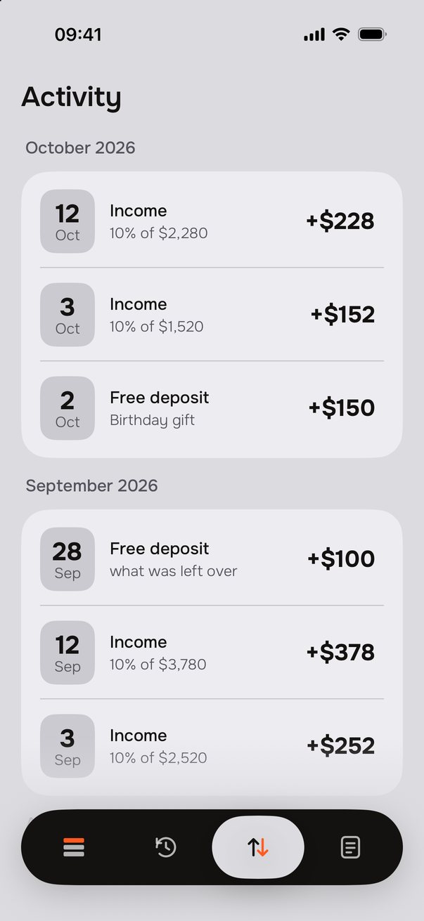 Activity for October and September, grouped by month: payments, a free deposit and a withdrawal.