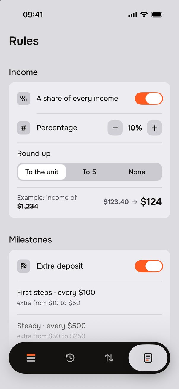 Rules: Income with A share of every income, Percentage 10% and Round up (example: $1,234 → $124), then Milestones.