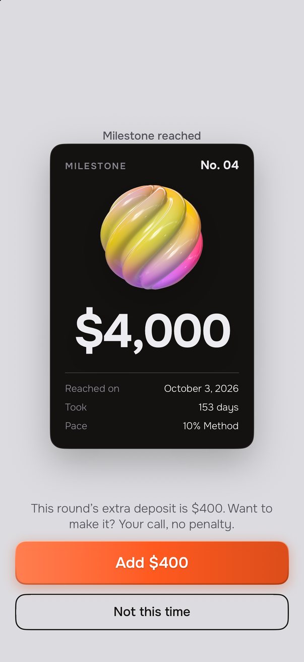Milestone reached: card No. 04 for $4,000, suggested extra deposit $400.