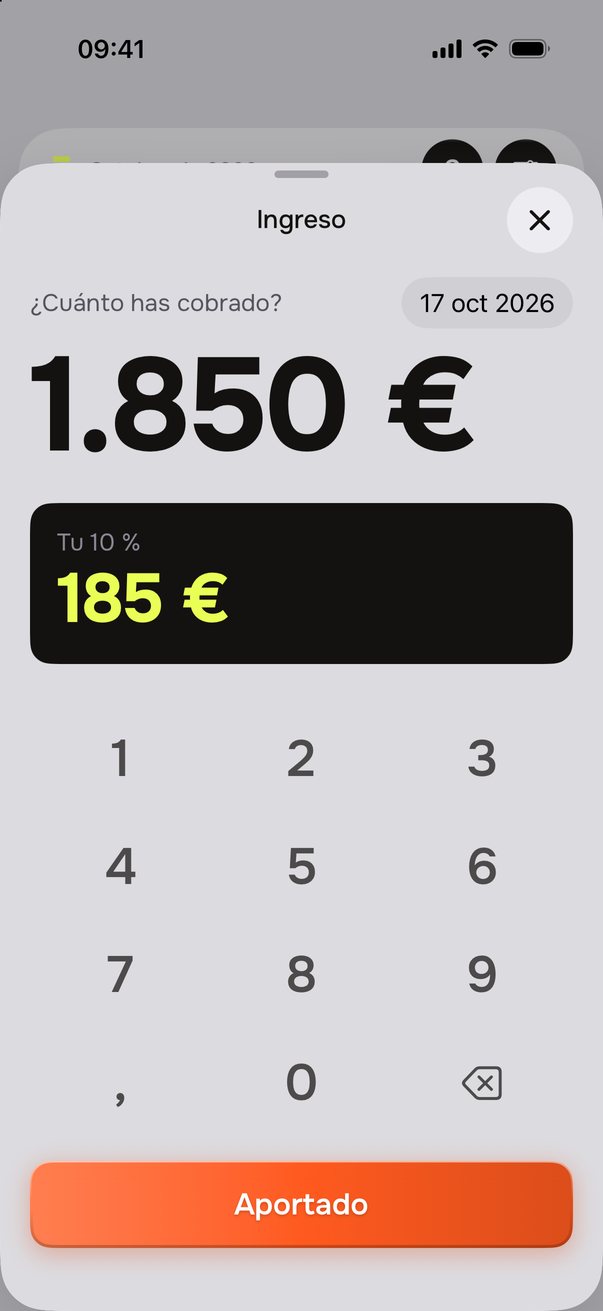 Ingreso de 1850&nbsp;€: tu 10&nbsp;% es de 185&nbsp;€.
