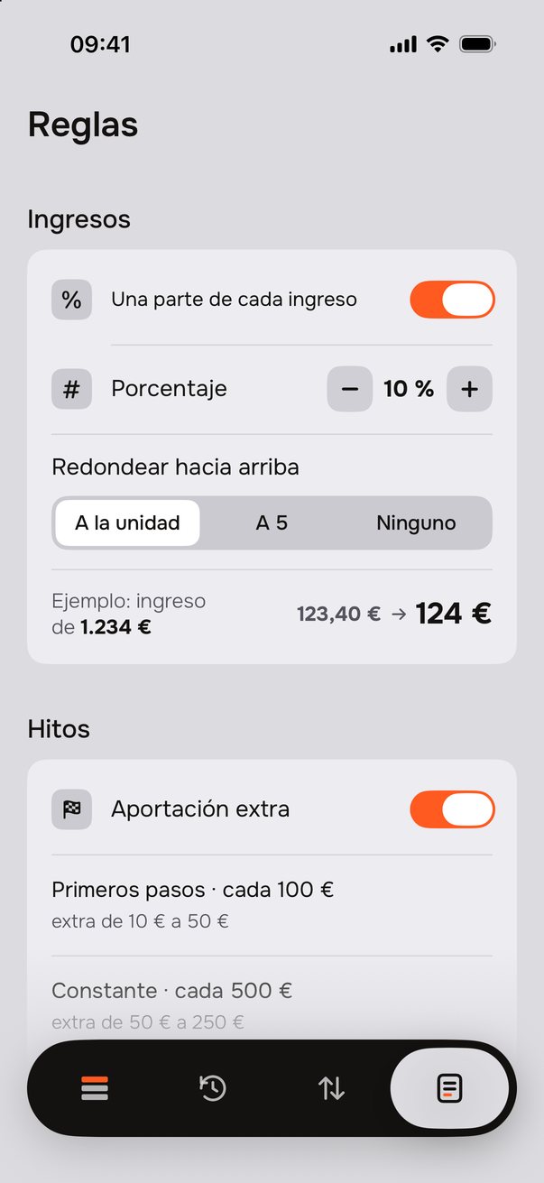 Reglas: Ingresos con Una parte de cada ingreso, Porcentaje 10&nbsp;% y Redondear hacia arriba (ejemplo: 1234&nbsp;€ → 124&nbsp;€), y luego los Hitos.