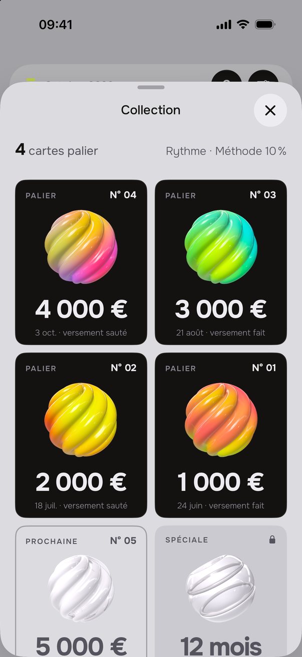Collection&nbsp;: quatre cartes palier et les cartes spéciales.
