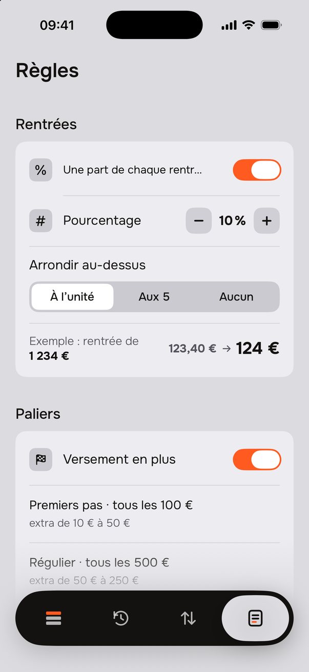 Règles&nbsp;: Rentrées avec Une part de chaque rentrée, Pourcentage 10&nbsp;% et Arrondir vers le haut (exemple&nbsp;: 1&nbsp;234&nbsp;€ → 124&nbsp;€), puis les Paliers.