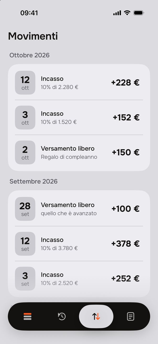 Movimenti di ottobre e settembre, divisi per mese: incassi, un versamento libero e un prelievo.