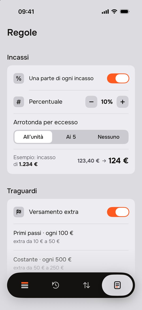 Regole: Incassi con Una parte di ogni incasso, Percentuale 10% e Arrotonda per eccesso (esempio: 1.234&nbsp;€ → 124&nbsp;€), poi i Traguardi.