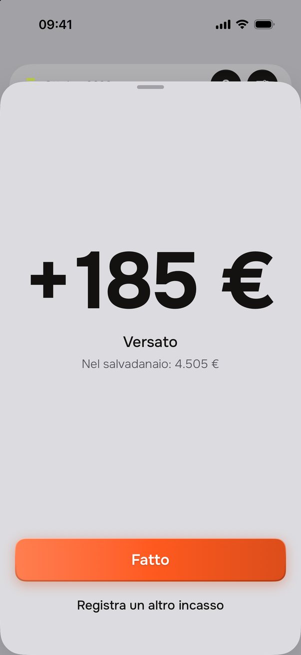 Versato: +185&nbsp;€, nel salvadanaio 4.505&nbsp;€.